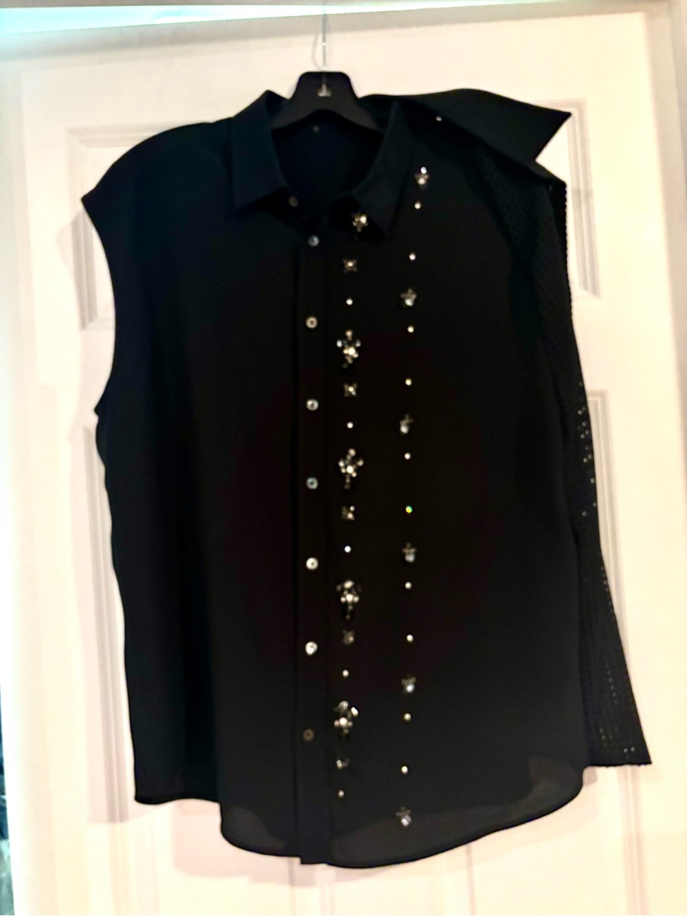 Italian Sleeveless Black Button-Up Blouse with Beaded Placket. Never worn - Picture 3 of 5